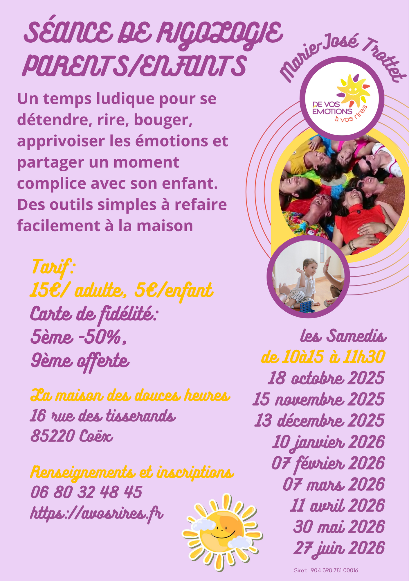 affiche mauve avec les dates de séances, un logo et deux photos de gens qui rient