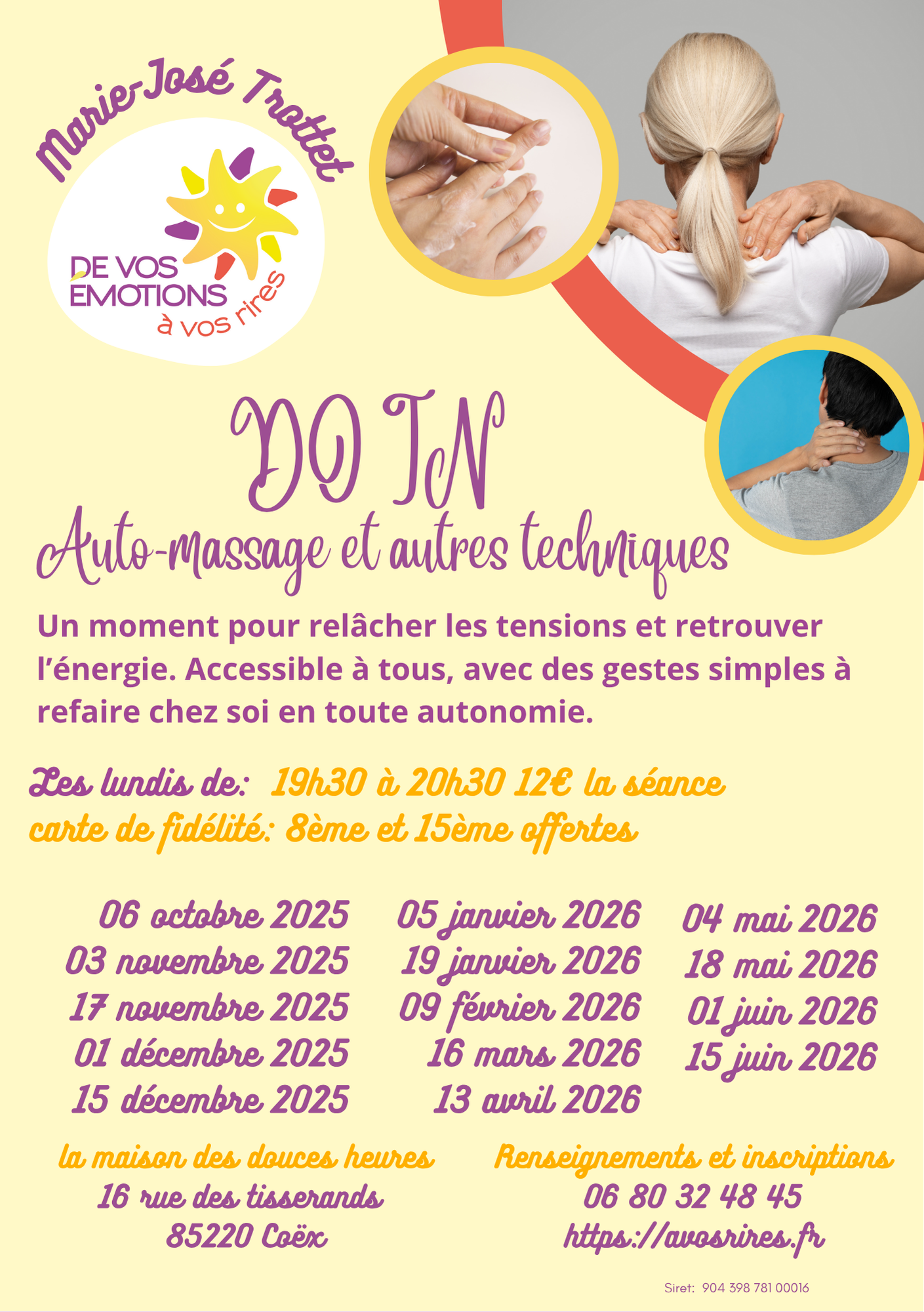 affiche jaune pâle avec des dates de séances et des photos d'auto massage