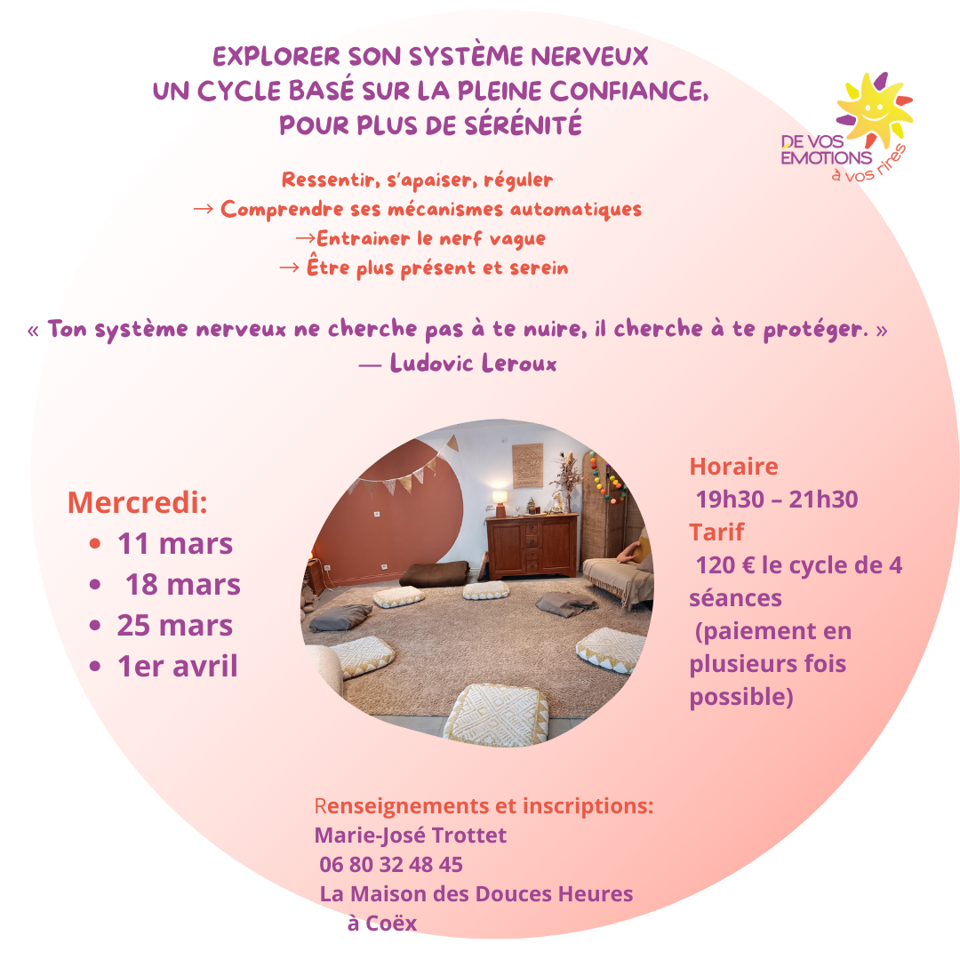 une affiche sous fond blanc avec un cercle rouge par dessus uen photo d'une salle dans un rond et dse écritures mauves autour